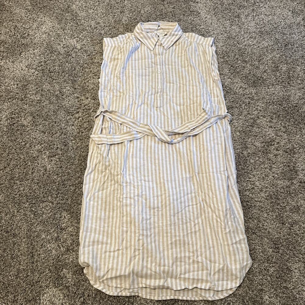 Banana Republic Tan Cream Striped Linen Blend Sleeveless Shirt dress Sz S NWOT